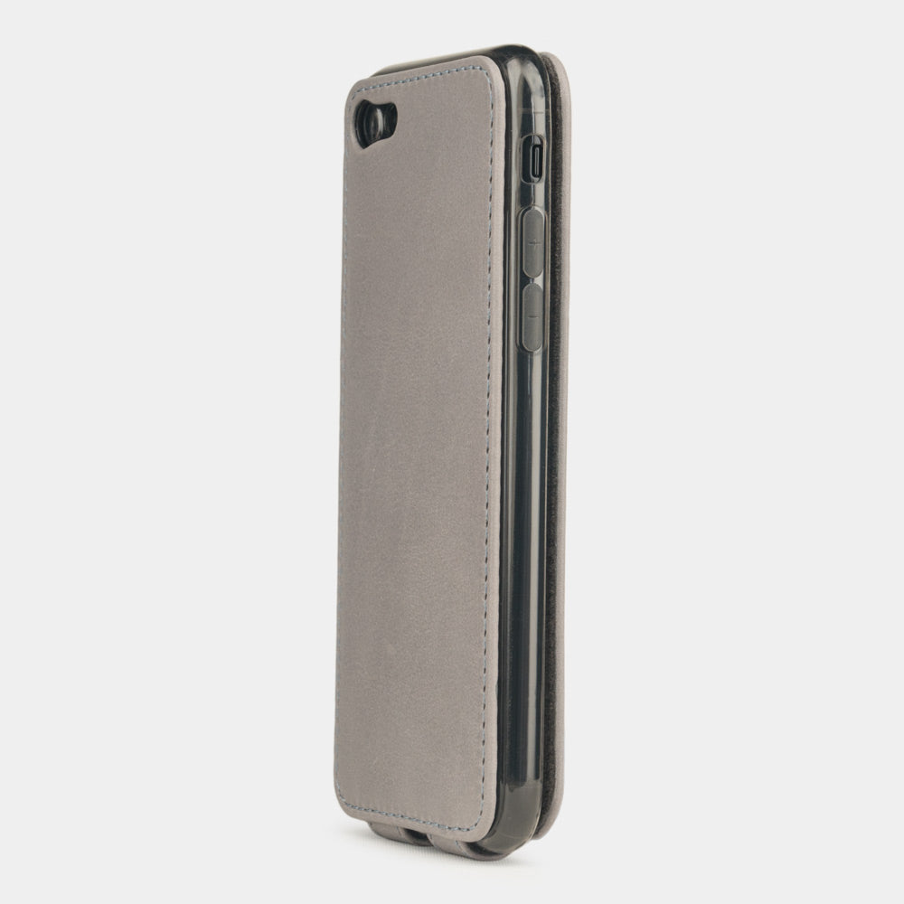 Grey Stone leather flip case for iPhone SE - view from camera side and how the lenses are efficiently protected