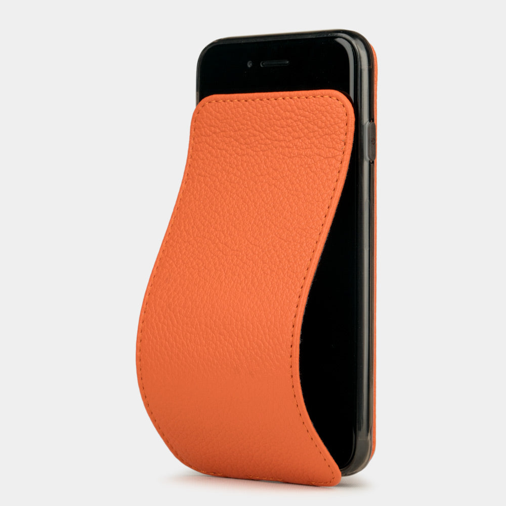 Orange leather flip case for iPhone SE - luxury handmade phone case in genuine leather with magnetic front cover partially open