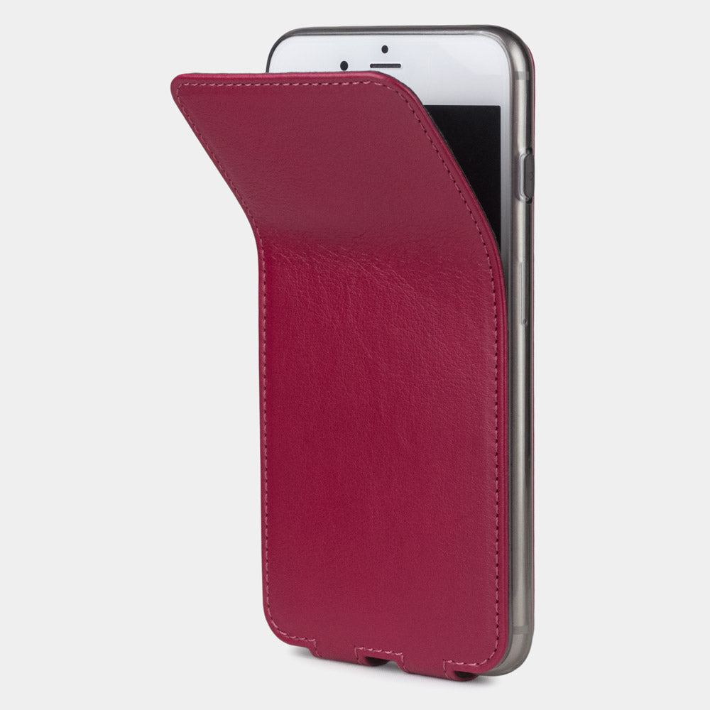Fuchsia leather flip case for iPhone SE - flexible front cover folding back to protect the smartphone screen