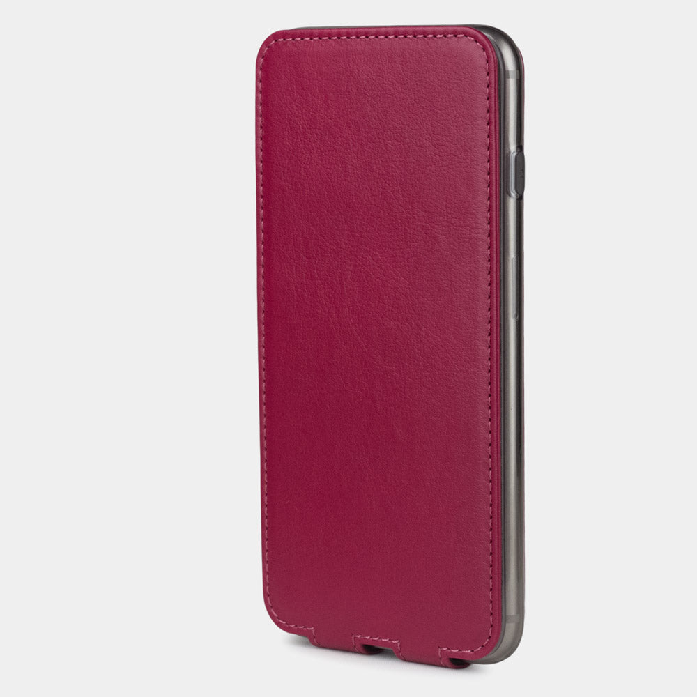 Fuchsia leather flip case for iPhone SE - upright closed view highlighting the magnetic front cover fully protecting the screen, elegant silhouette