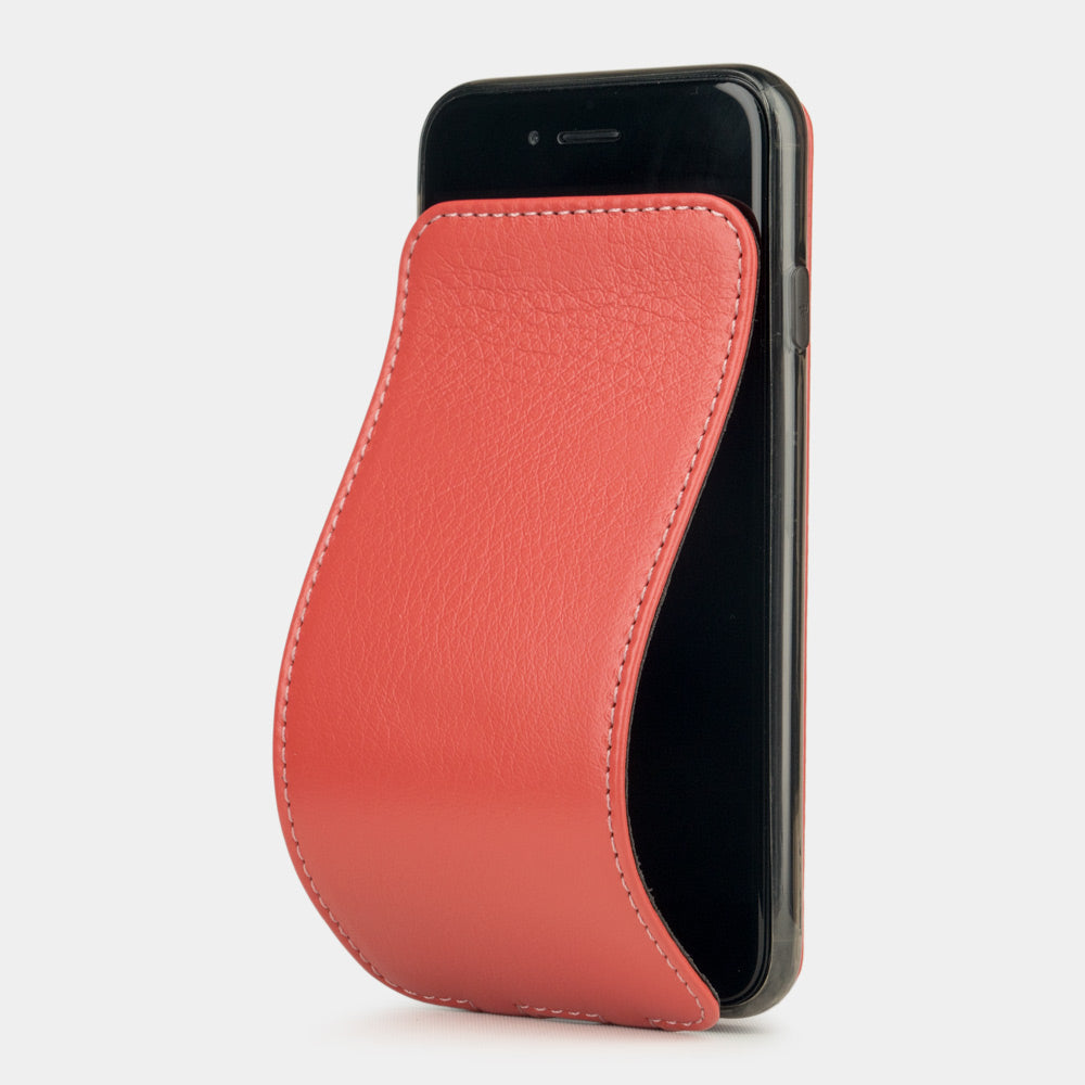 Red Coral leather flip case for iPhone SE - luxury handmade phone case in genuine leather with magnetic front cover partially open