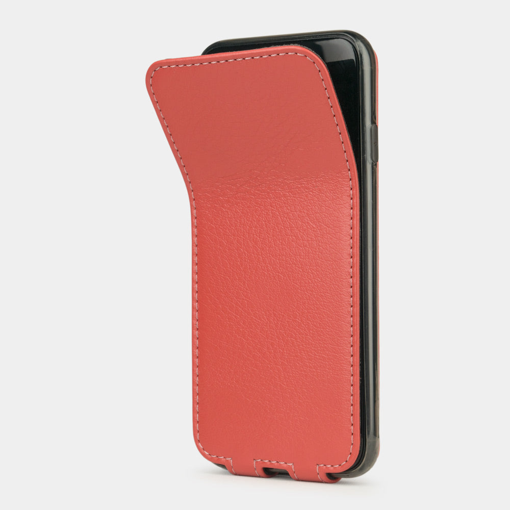 Red Coral leather flip case for iPhone SE - flexible front cover folding back to protect the smartphone screen
