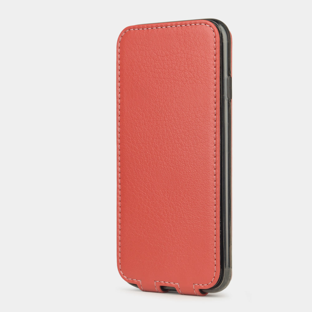 Red Coral leather flip case for iPhone SE - upright closed view highlighting the magnetic front cover fully protecting the screen, elegant silhouette