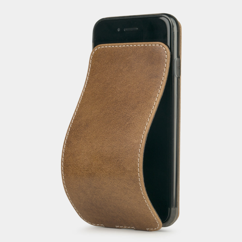 Vintage leather flip case for iPhone SE - luxury handmade phone case in genuine leather with magnetic front cover partially open