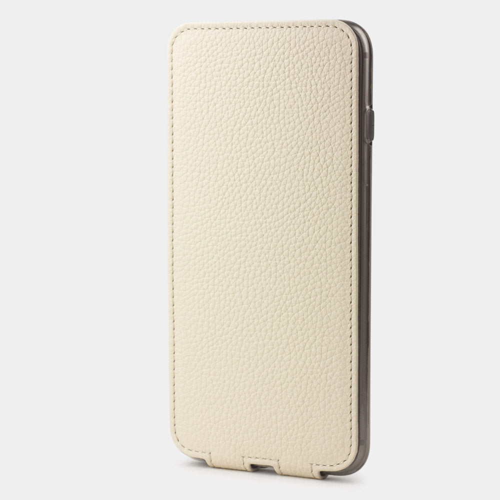 Cream leather flip case for iPhone SE - upright closed view highlighting the magnetic front cover fully protecting the screen, elegant silhouette