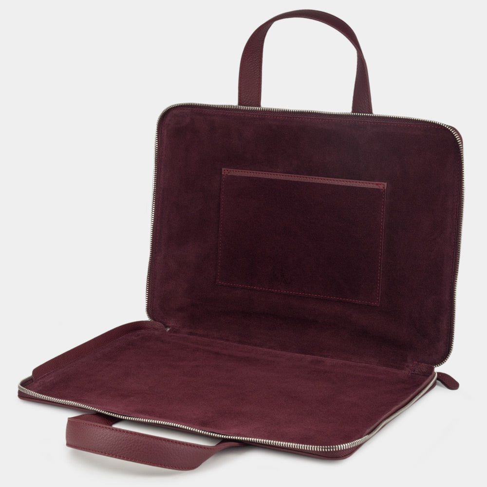 Women’s slim 14 inch leather laptop bag bordeaux open showing laptop compartment and lining
