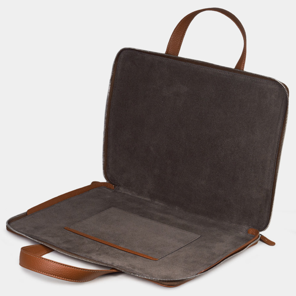 14 inch gold leather laptop bag interior view showing full-grain lining and laptop compartment