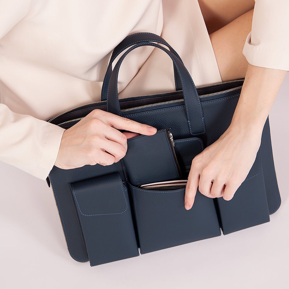 Leather Notebook Bag 17'' with Pockets Blue | Marcel Robert - 7