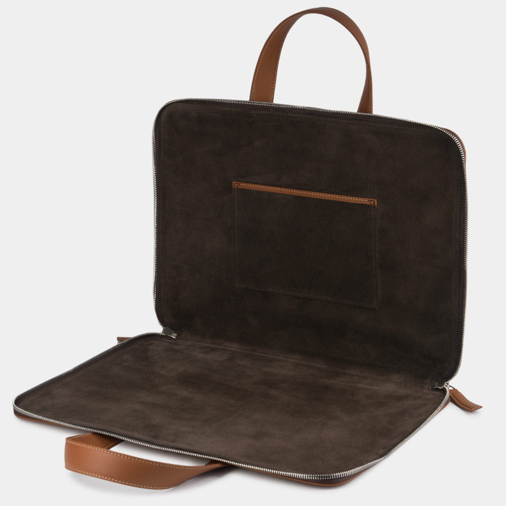 17 inch gold leather laptop bag open interior showing laptop compartment and full-grain lining