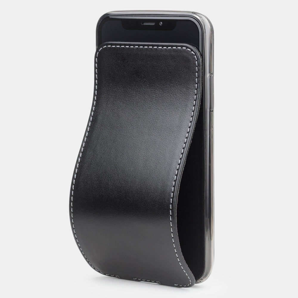 Black leather flip case for iPhone XS Max - front view showing the soft folding cover