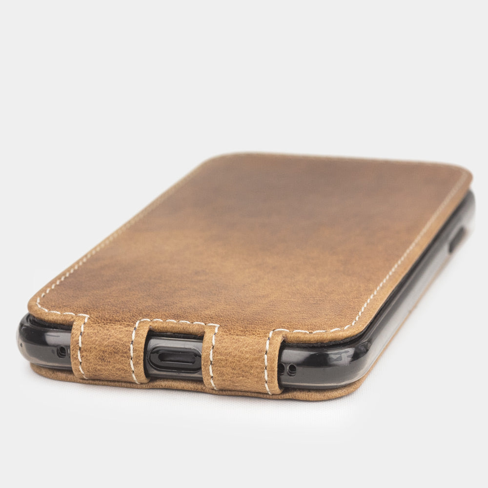 iPhone X Vintage Tan Leather Flip Case – Magnetic