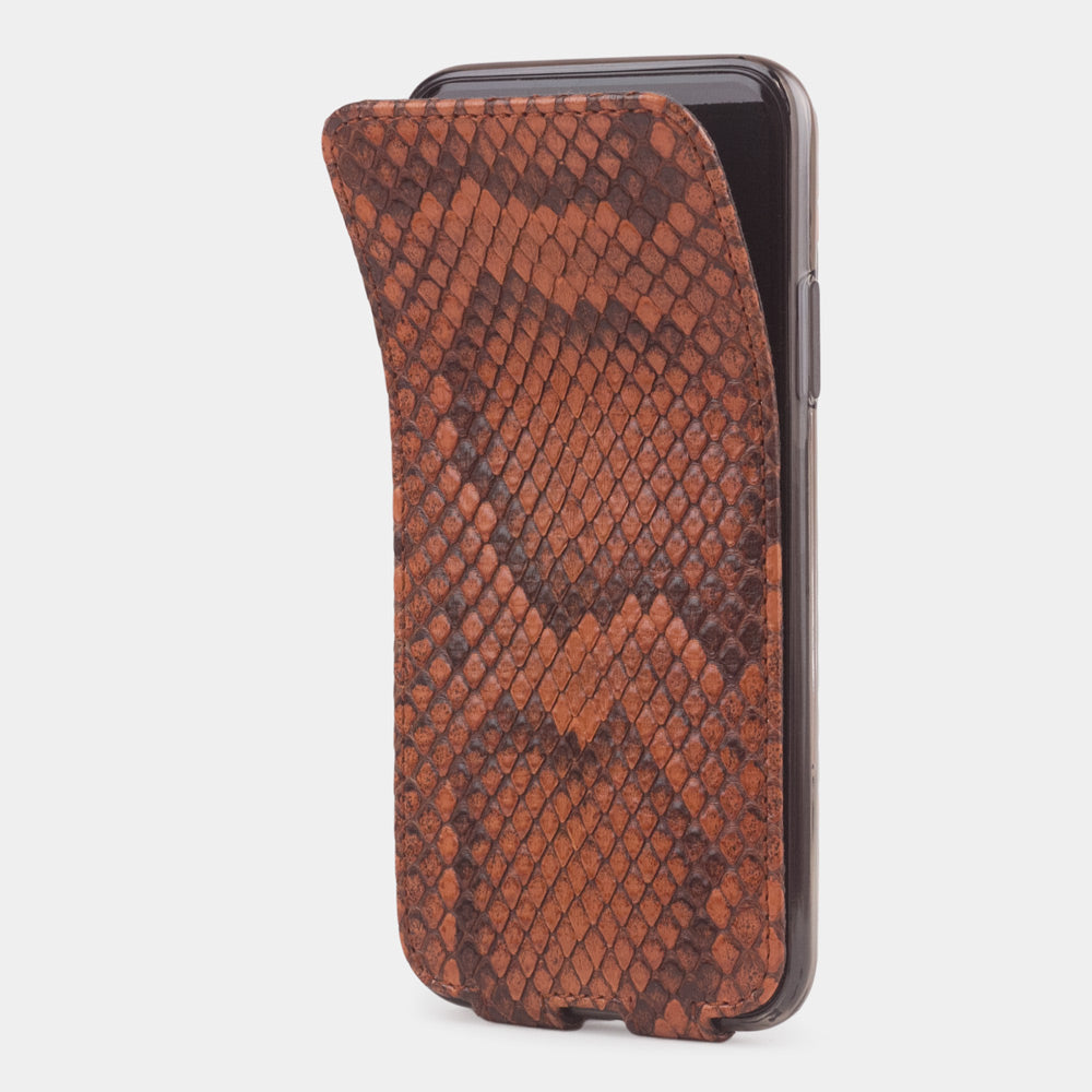 Gold python leather flip case for iPhone XS Max - side view showing the folding cover open