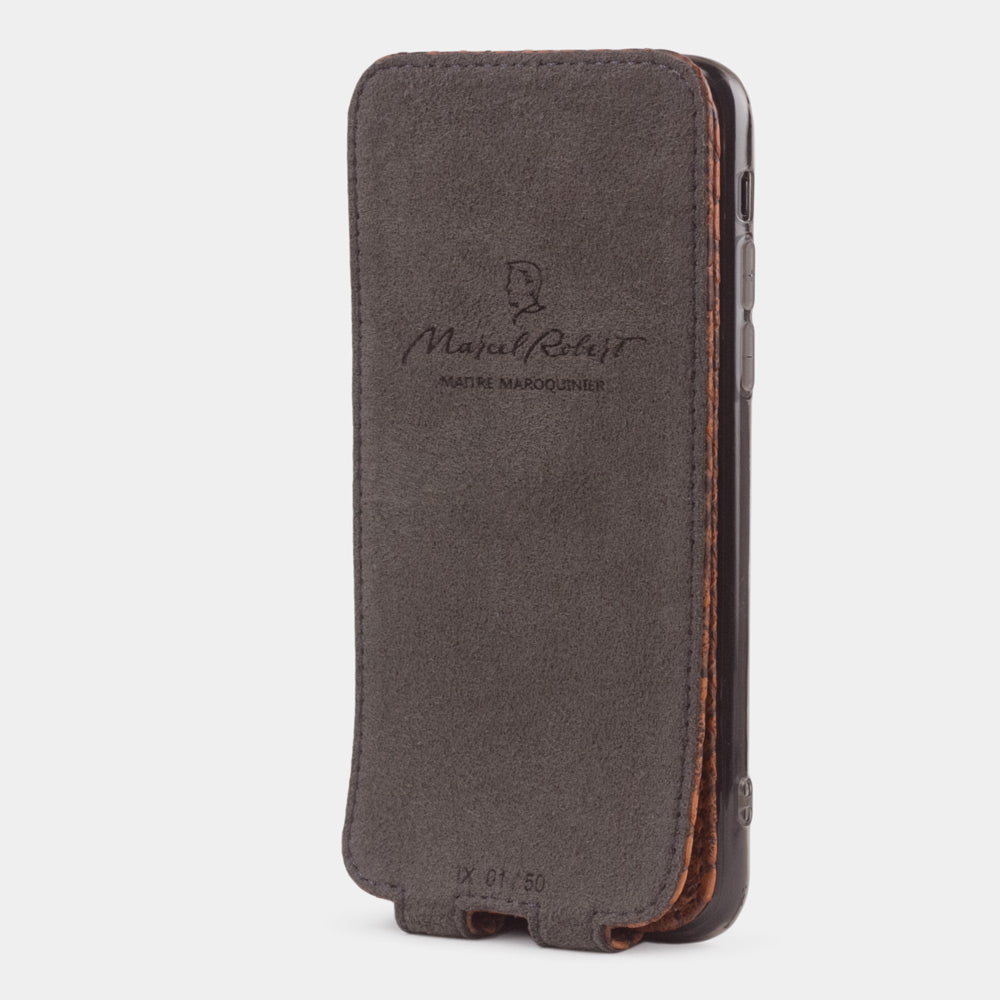 gold python leather case for iPhone X - interior view showing the Alcantara lining used to clean the phone screen