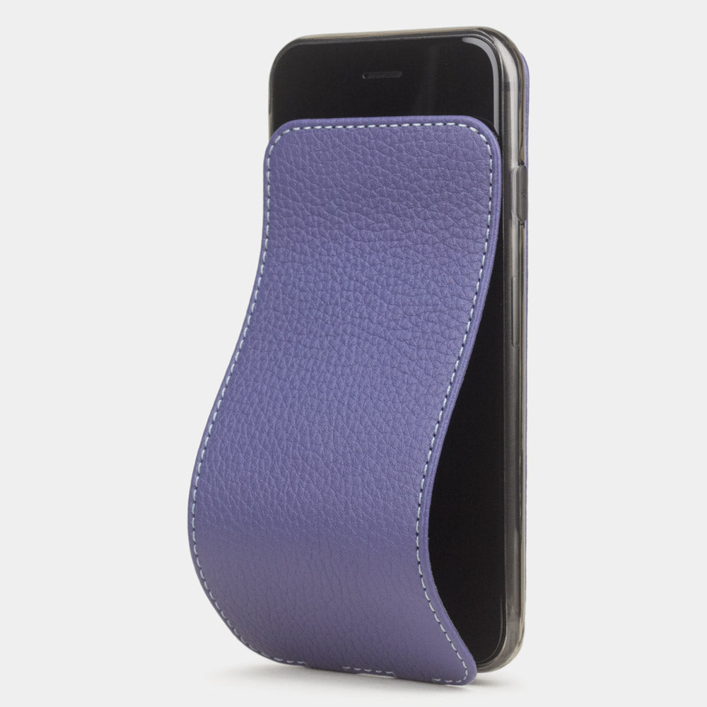 Purple leather flip case for iPhone SE - luxury handmade phone case in genuine leather with magnetic front cover partially open