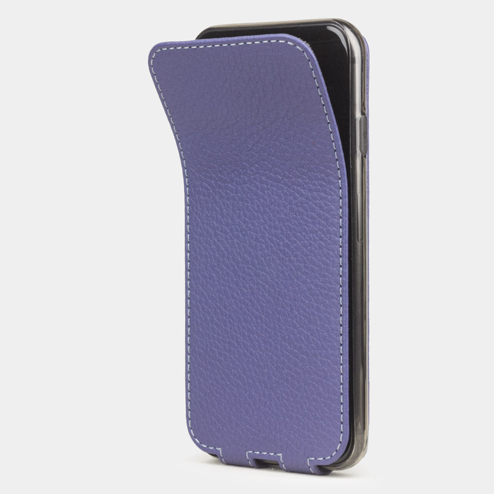 Purple leather flip case for iPhone SE - flexible front cover folding back to protect the smartphone screen