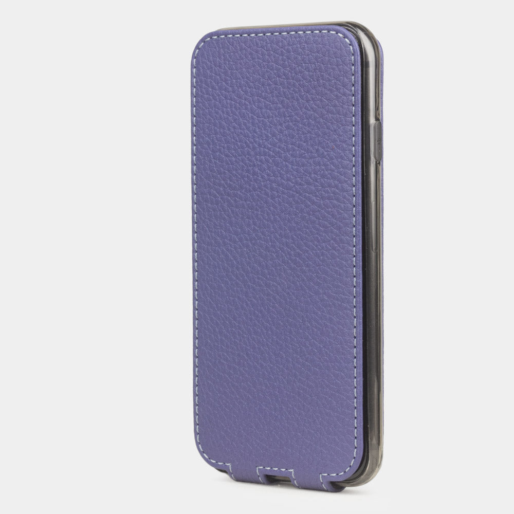 Purple leather flip case for iPhone SE - upright closed view highlighting the magnetic front cover fully protecting the screen, elegant silhouette