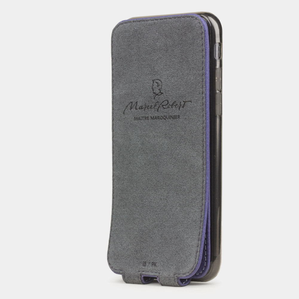 Purple leather flip case for iPhone SE - interior view showing grey Alcantara lining with magnetic closure, designed to clean and protect the screen
