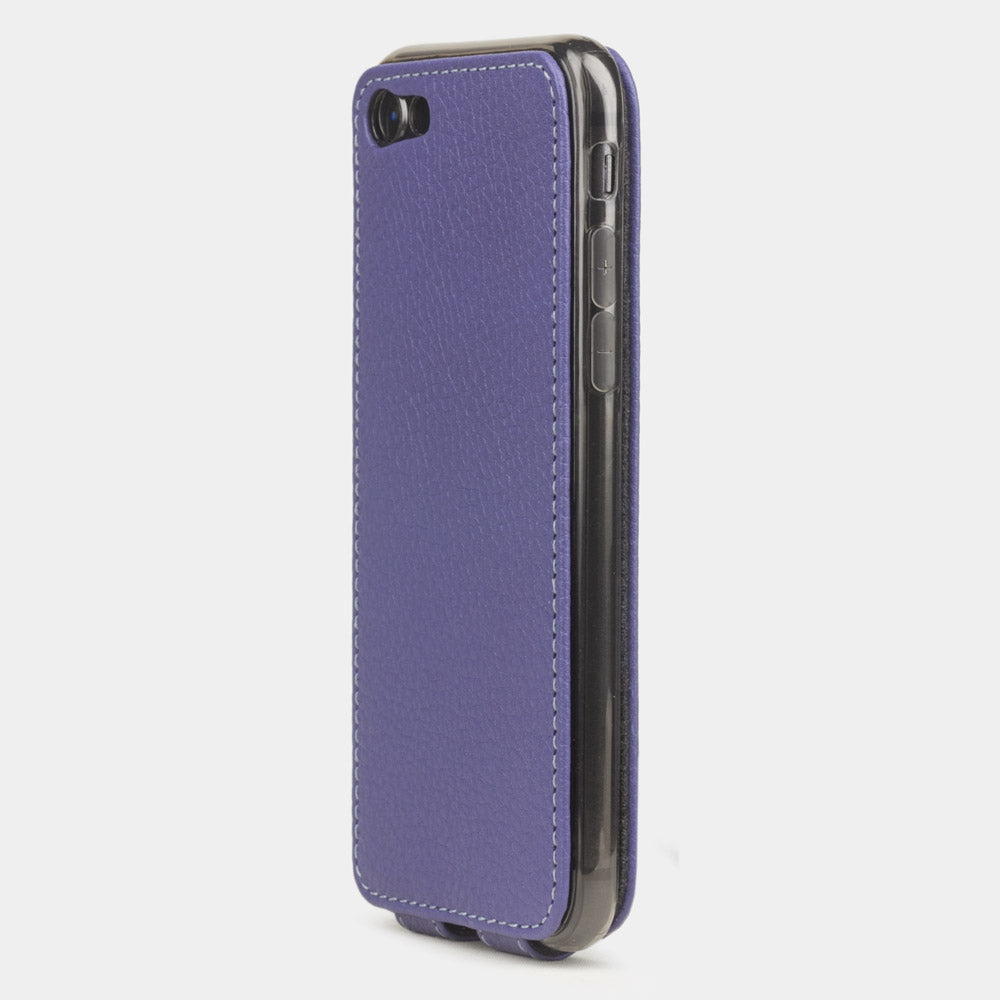 Purple leather flip case for iPhone SE - view from camera side and how the lenses are efficiently protected
