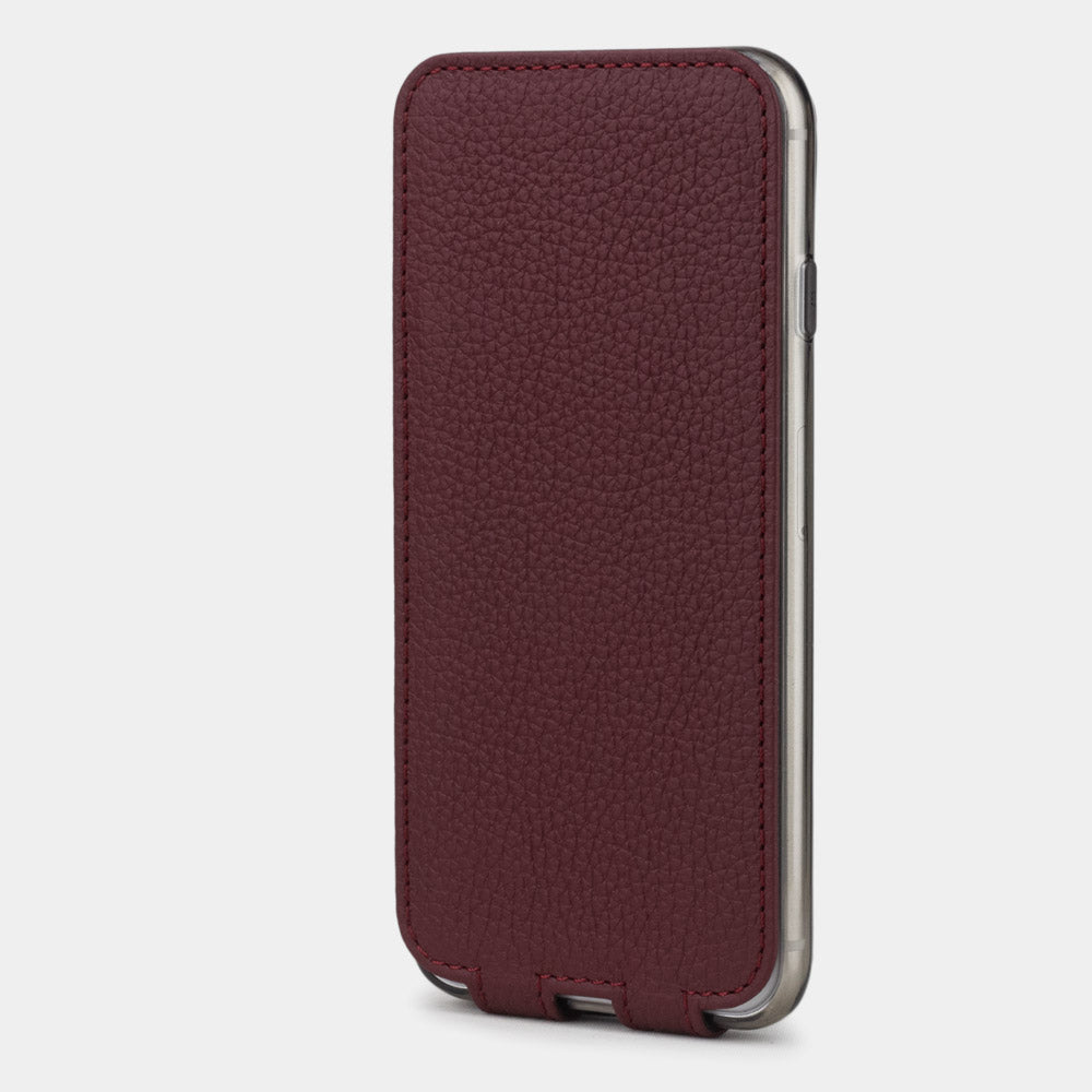 Bordeaux leather flip case for iPhone SE - upright closed view highlighting the magnetic front cover fully protecting the screen, elegant silhouette