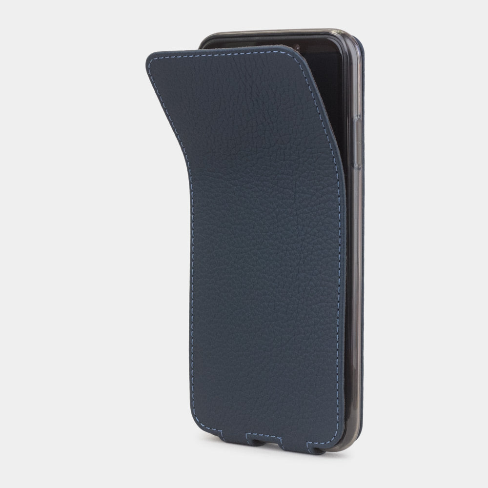 Matte Blue leather flip case for iPhone XS Max - side view showing the folding cover open