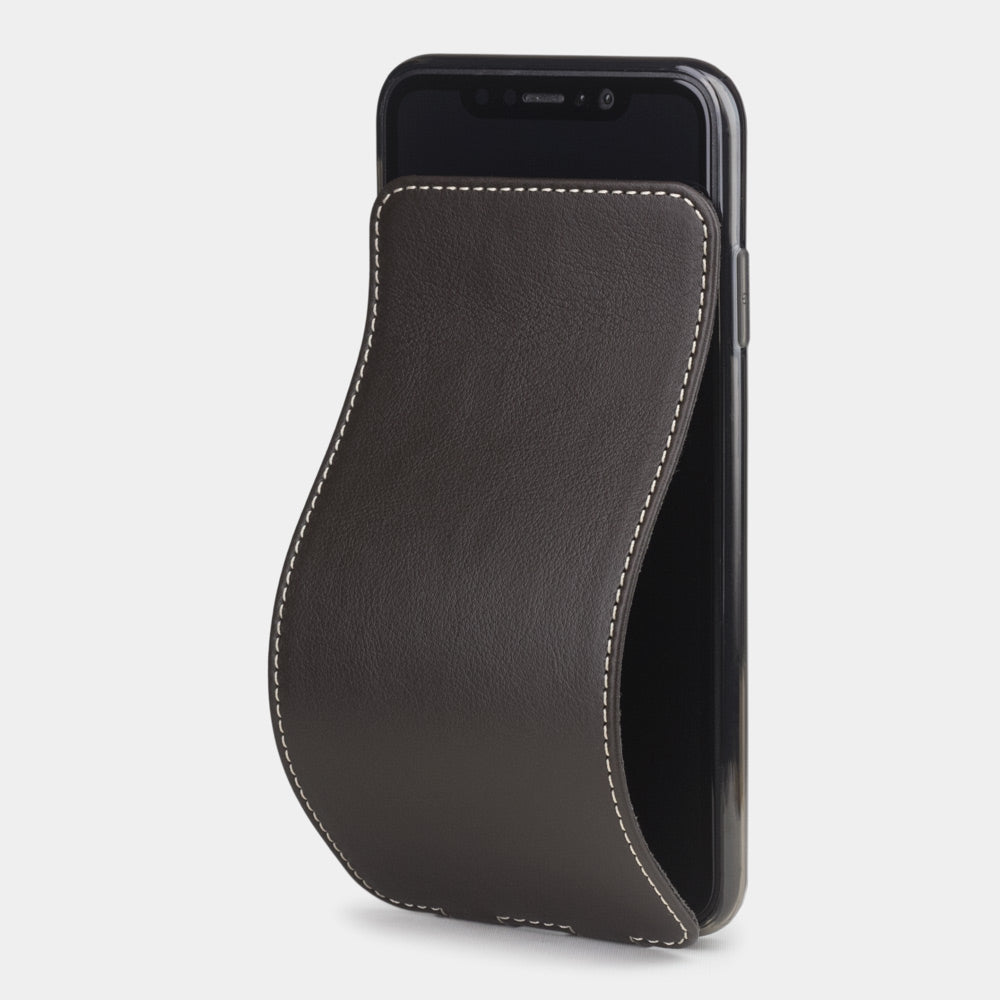 Brown leather flip case for iPhone XS Max - front view showing the soft folding cover
