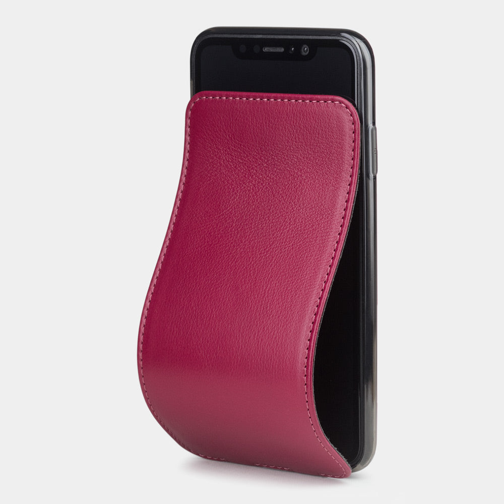 Fuchsia leather flip case for iPhone XS Max - front view showing the soft folding cover