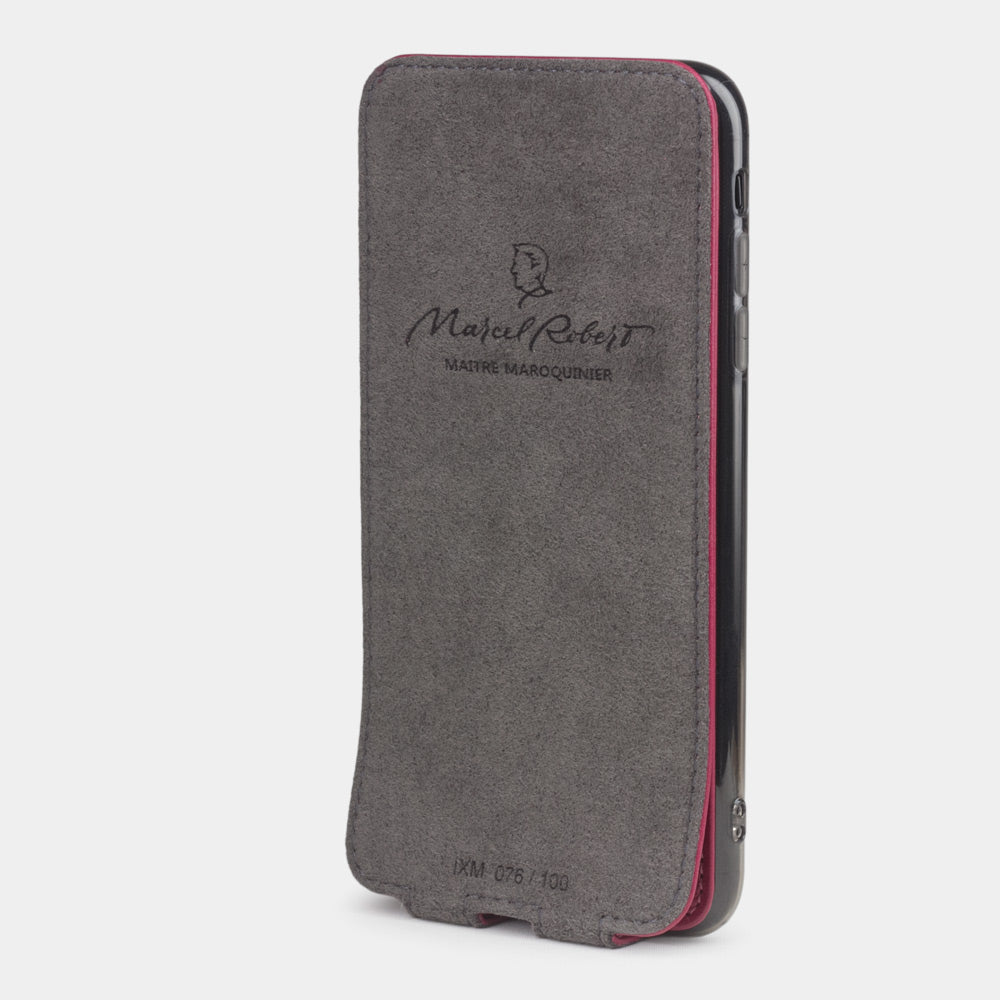 fuchsia leather case for iPhone XS Max - interior view showing the Alcantara lining used to clean the phone screen