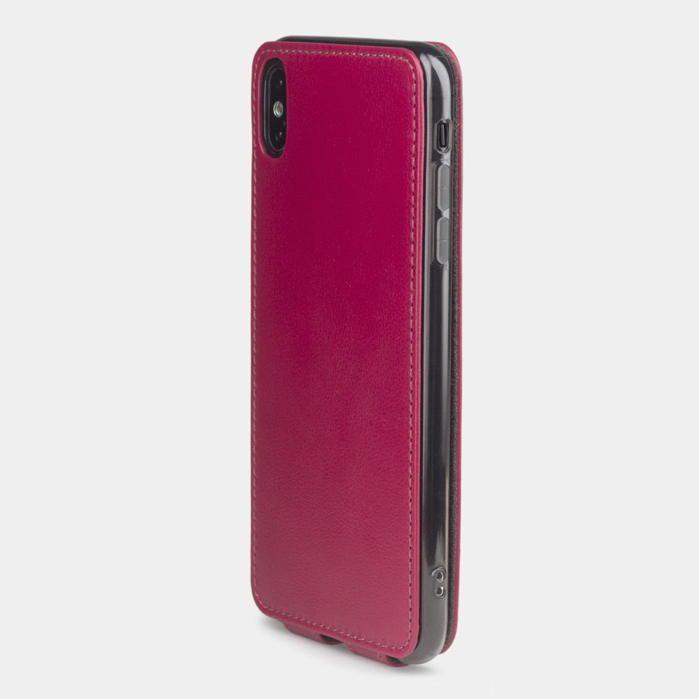 fuchsia leather case for iPhone XS Max - back view showing the camera cutout & optical lens efficiently protected