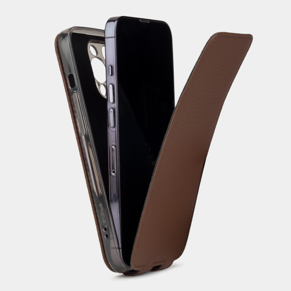 iPhone 14 Pro flip case made with brown premium leather – view showing how the iPhone sits in the slim silicone shell and the soft flap that protects the screen