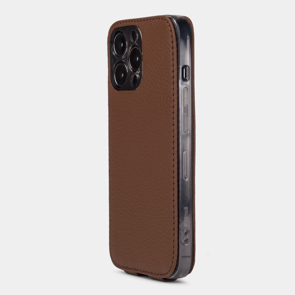 iPhone 14 Pro flip case made with brown premium leather – view from the camera side showing how the leather efficiently protects the camera block