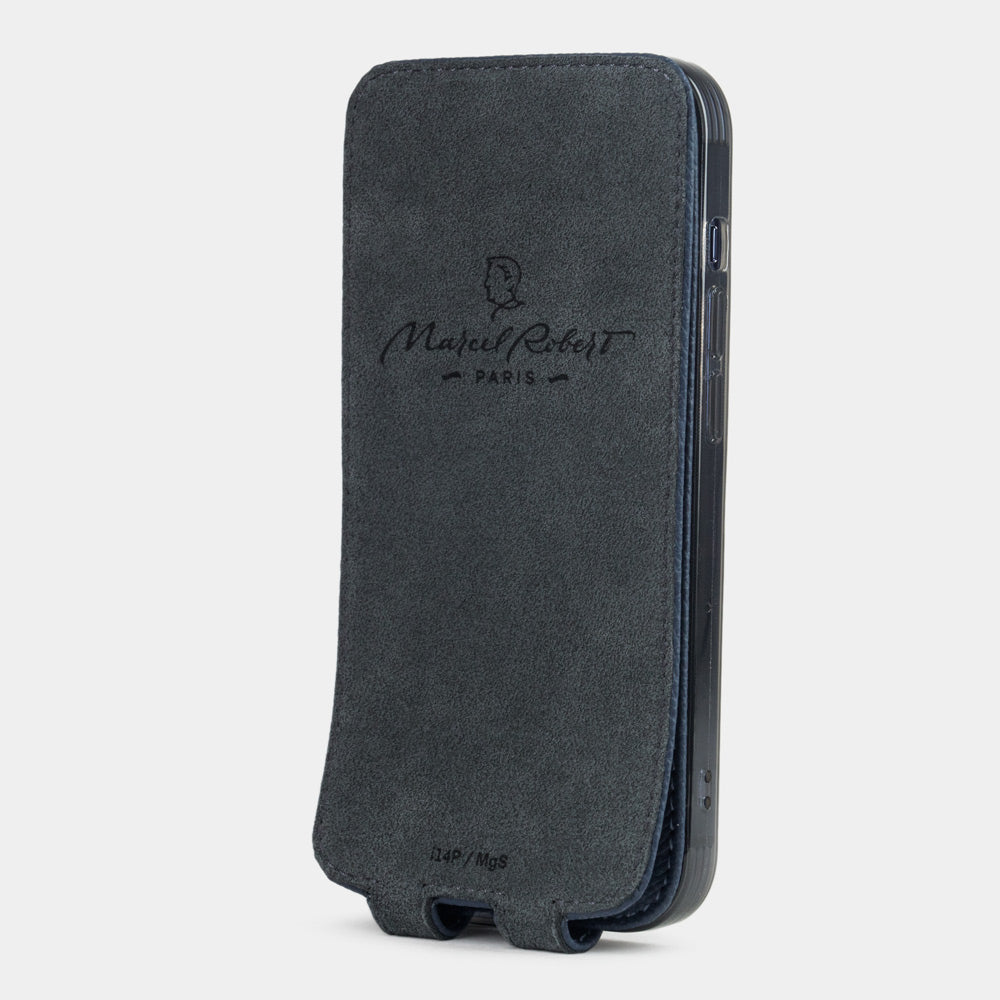 Interior of blue Saffiano leather iPhone 15 Pro Max case with soft microfiber lining and embossed logo