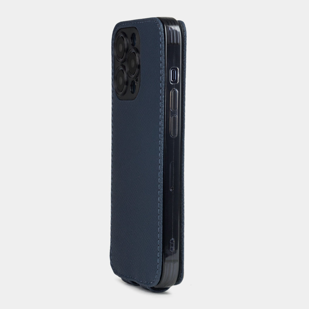 Back view of blue Saffiano leather iPhone 15 Pro Max case with precision camera protection
