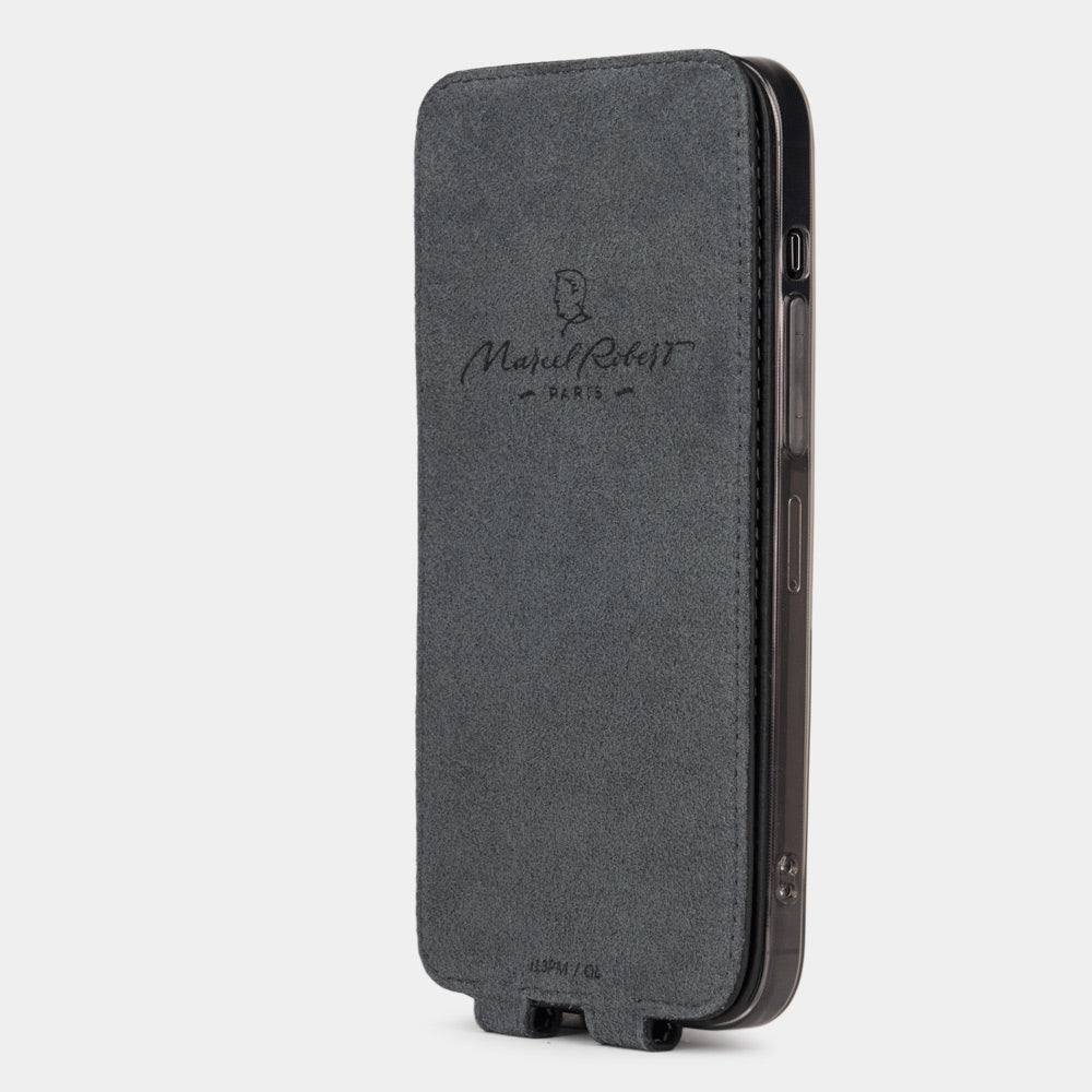 Black Saffiano Flip Case iPhone 15 Plus - interior view showing grey Alcantara lining with magnetic closure, designed to clean and protect the screen