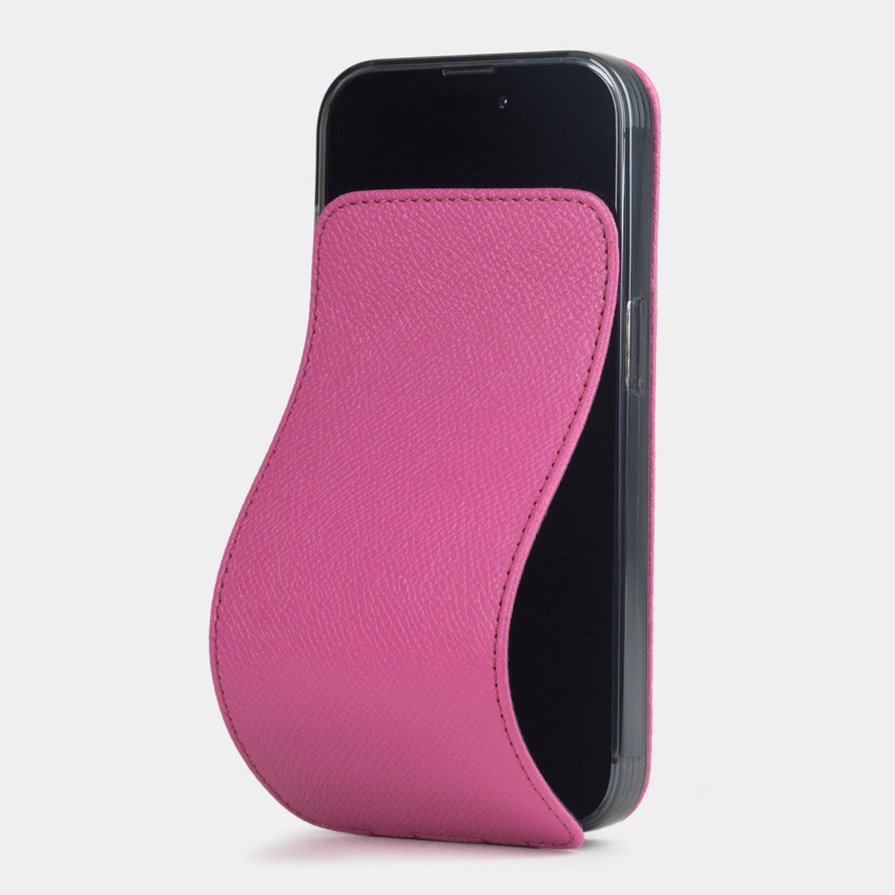 Pink calfskin leather flip case for iPhone 15 Plus – folding magnetic flap curving away to clean the screen