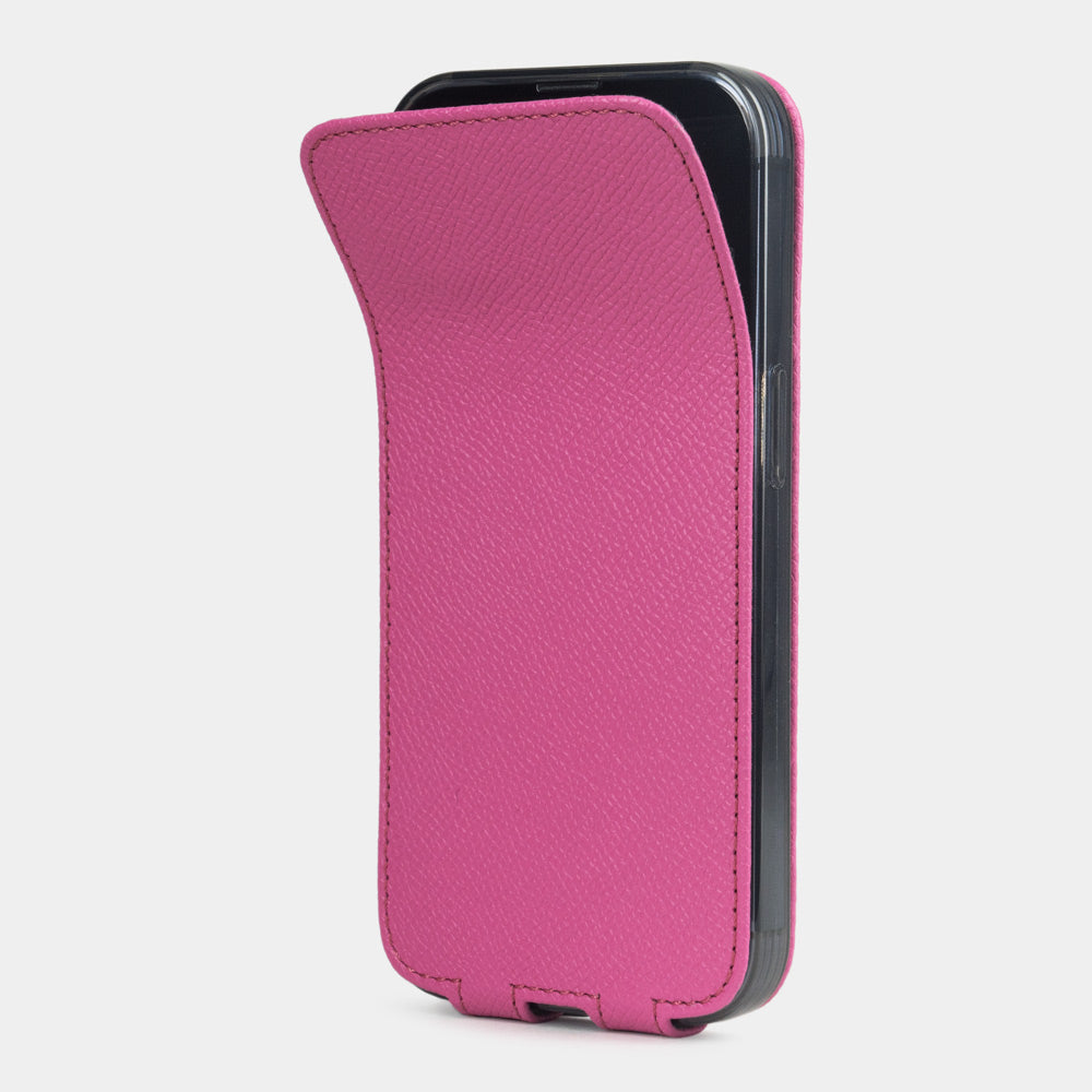 Pink calfskin leather flip case for iPhone 15 Plus – magnetic flap opening to reveal the screen