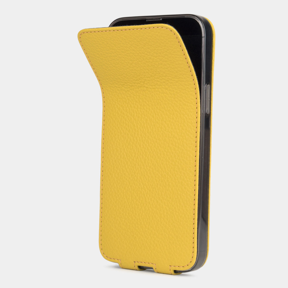 Yellow calfskin leather flip case for iPhone 15 – magnetic flap opening to reveal the screen