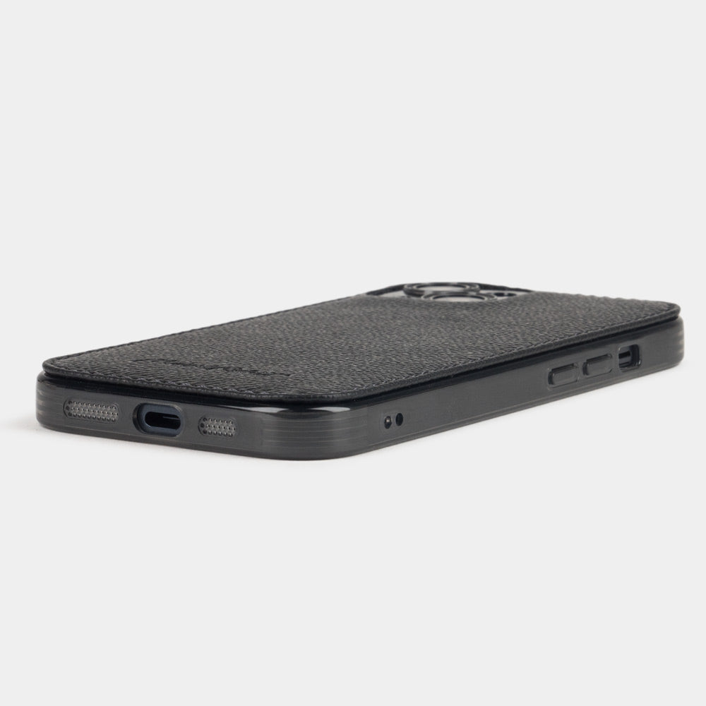 Black Saffiano leather cover case for iPhone 15 Plus – bottom view with USB-C port opening and speaker cutouts