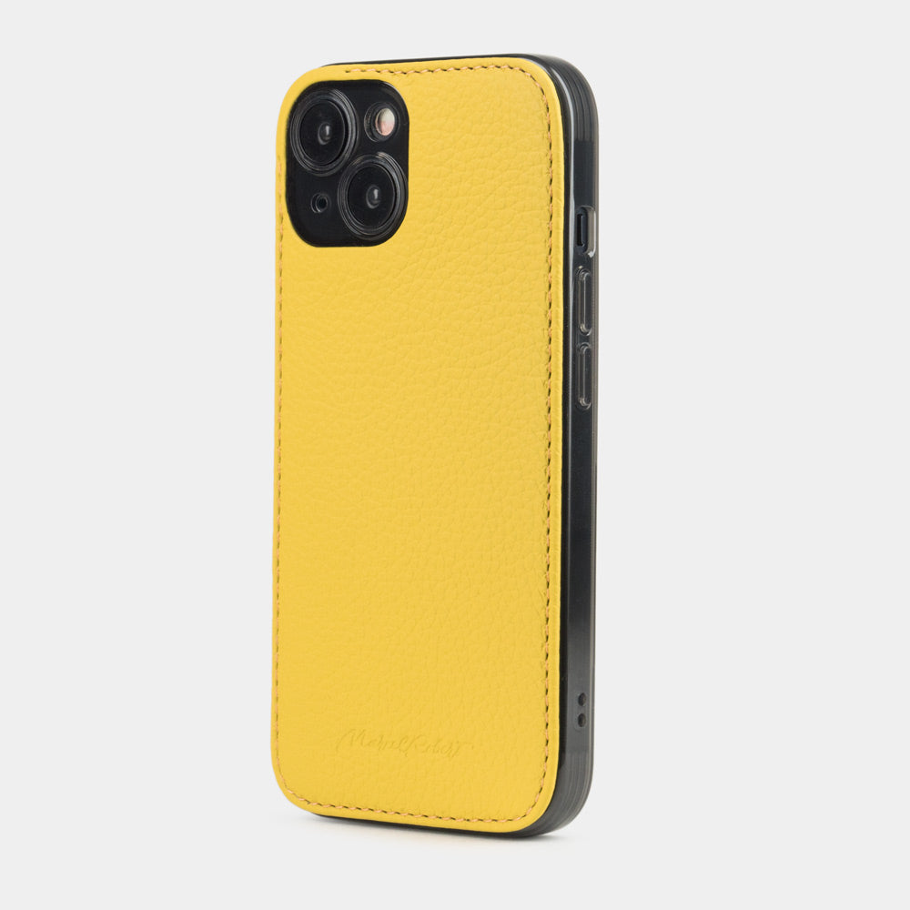 Yellow calfskin leather cover case for iPhone 15 Plus – three-quarter back view showing the ultra-thin 2 mm profile and hand-finished edges