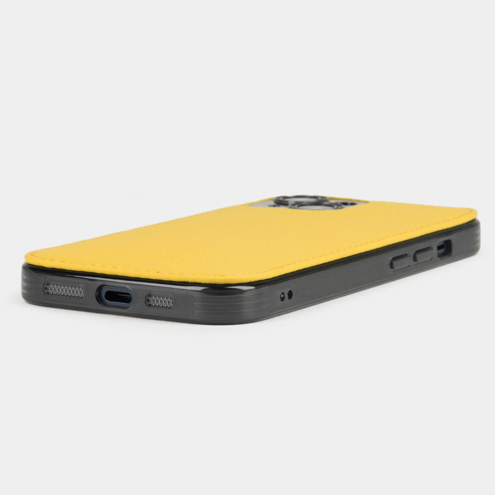 Yellow calfskin leather cover case for iPhone 15 Plus – bottom view with USB-C port opening and speaker cutouts