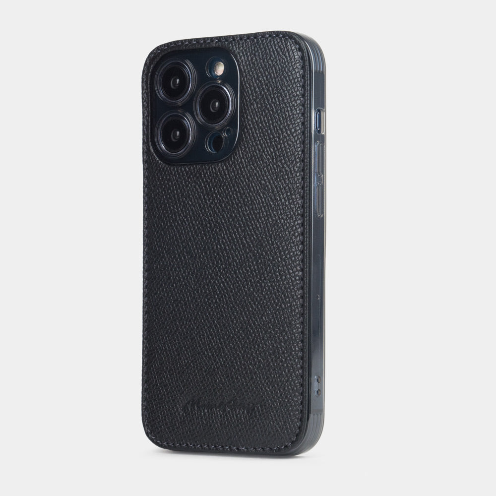black Saffiano leather Cover Case iPhone 15 Pro Max - view from camera side & how the lenses are efficiently protected