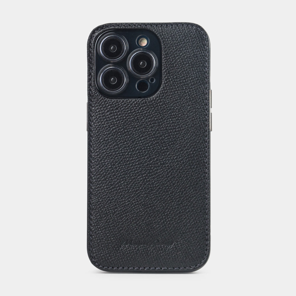 black Saffiano leather iPhone 15 Pro cover case with slim profile and precision camera cut-out