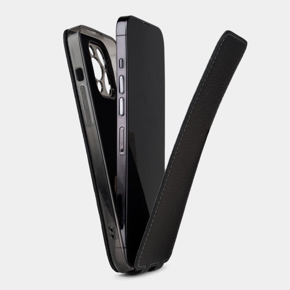 flip case iphone 15 pro black leather how to install the phone into the case