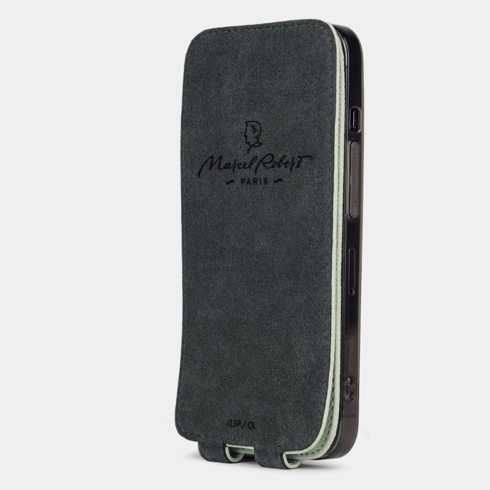 Pastel green calfskin leather flip case for iPhone 15 Plus – Alcantara® inner lining to smoothly clean the iPhone's screen