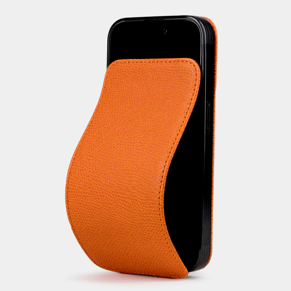 Orange calfskin leather case iPhone 15 Pro Max – front view, magnetic cover closed, protecting the screen