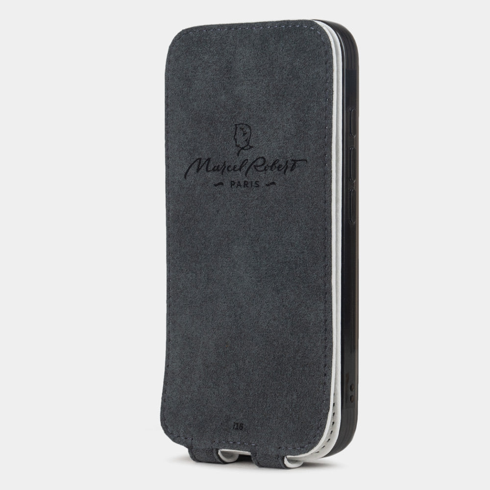 white Calfskin leather Flip Case iPhone 16 Plus - interior view showing grey Alcantara lining with magnetic closure, designed to clean and protect the screen
