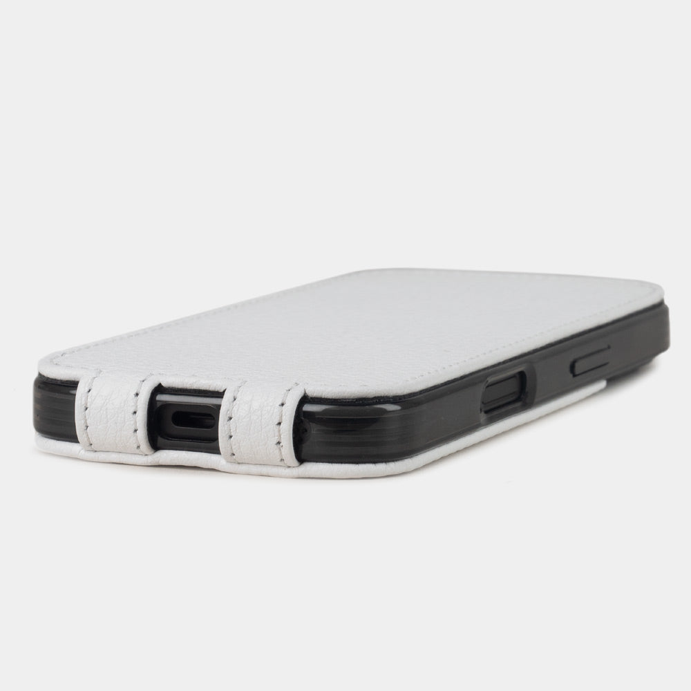 white calfskin leather Flip Case iPhone 16 plus - flat side view displaying ultra-thin handcrafted design, USB-C port opening and precise edge finishing
