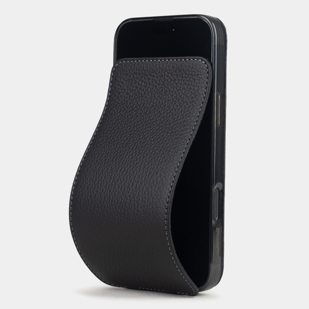 black calfskin leather flip case iPhone 16 Pro – luxury handmade phone case in genuine leather with magnetic front cover partially open