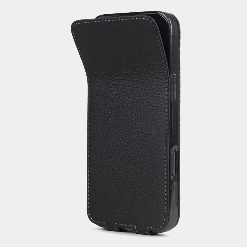 black calfskin leather Flip Case iPhone 16 Pro – phone flip case with textured natural scale pattern, flexible front cover folding back to protect the smartphone screen