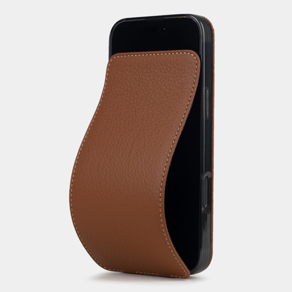 gold leather flip case iPhone 17 – luxury handmade phone case in genuine leather with magnetic front cover partially open