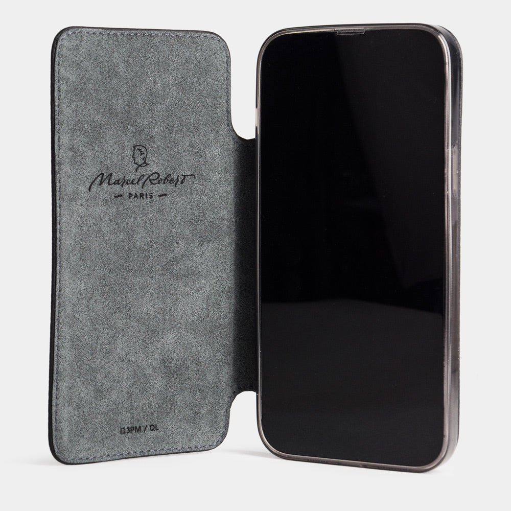 Black Calfskin Wallet Case iPhone 15 Pro Max – view from camera side and how the lenses are efficiently protected